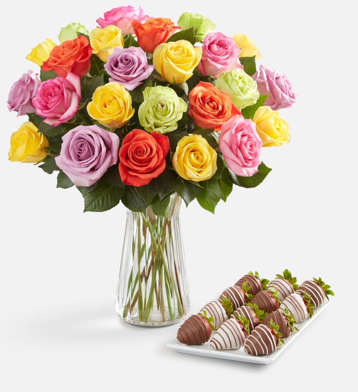 Assorted Roses with Gourmet Drizzled Strawberries